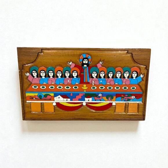 Vintage The Last Supper Hand Carved Painted Jesus Folk Art Wall Hanging Plaque - Picture 1 of 9